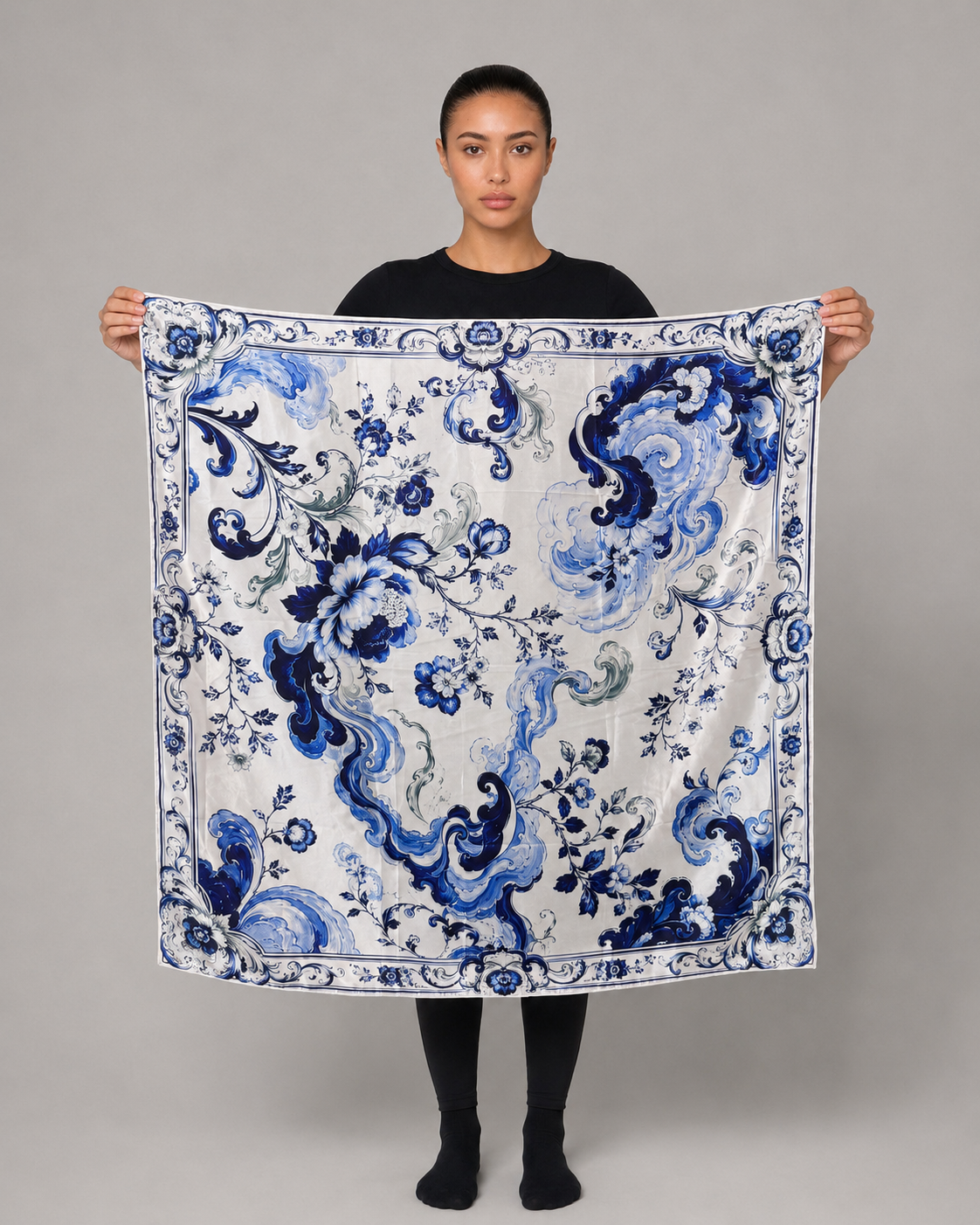 Blue Floral Satin Head Scarf