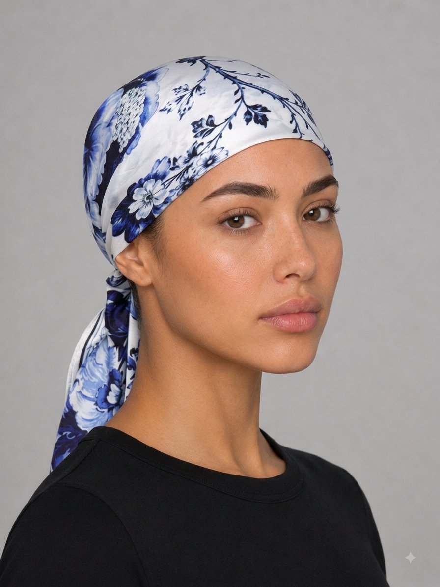 Blue Floral Satin Head Scarf