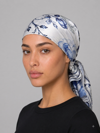 Blue Floral Satin Head Scarf