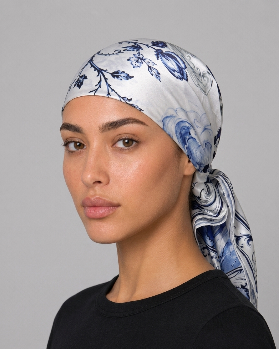 Blue Floral Satin Head Scarf