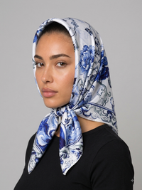 Blue Floral Satin Head Scarf
