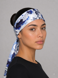 Blue Floral Satin Head Scarf