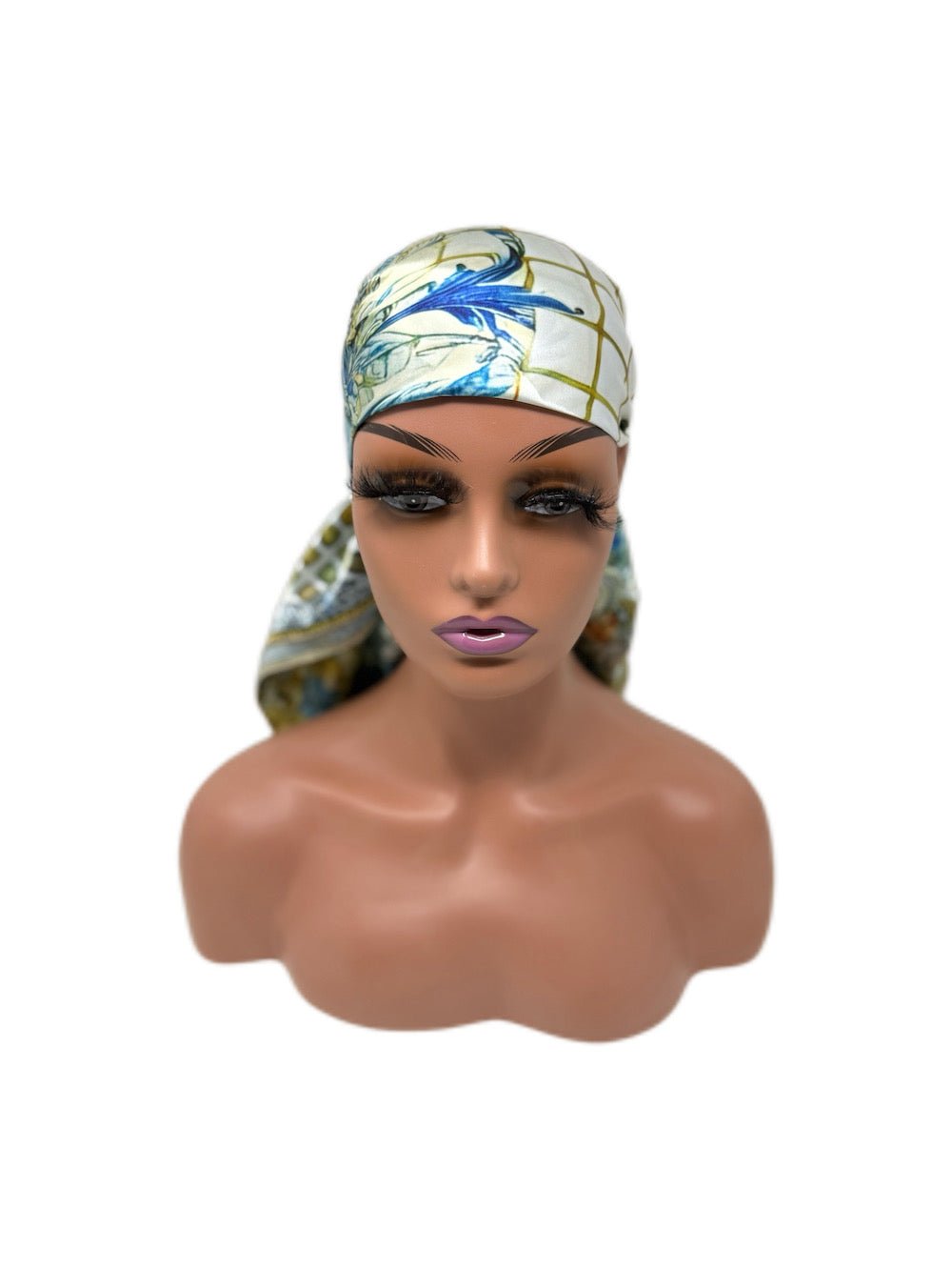 Blue and Gold Floral Designer Satin Scarf - Double R Rags