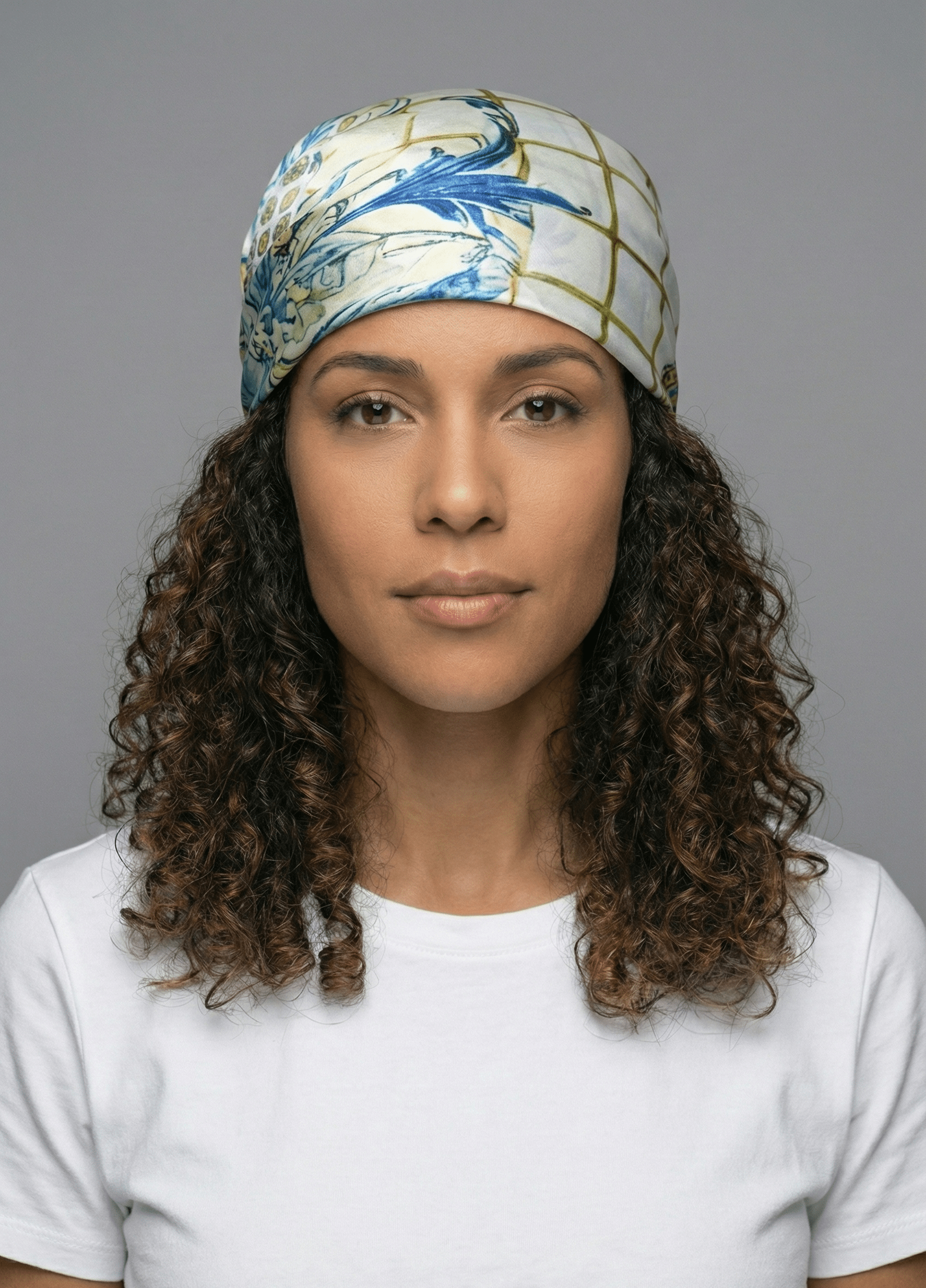 Blue and Gold Floral Designer Satin Scarf