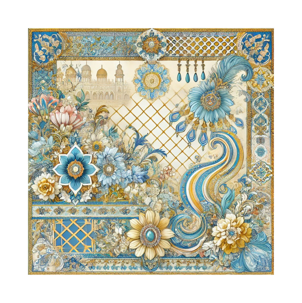 Blue and Gold Floral Designer Satin Scarf