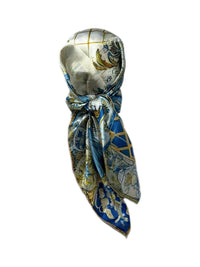 Blue and Gold Floral Designer Satin Scarf - Double R Rags