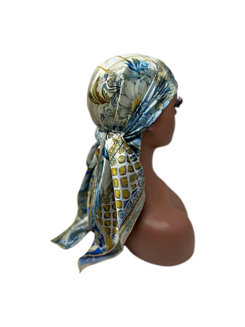 Blue and Gold Floral Designer Satin Scarf - Double R Rags