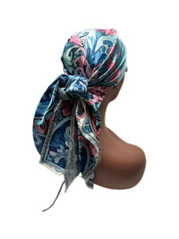 Pink and Blue Floral Satin Head Scarf - Double R Rags