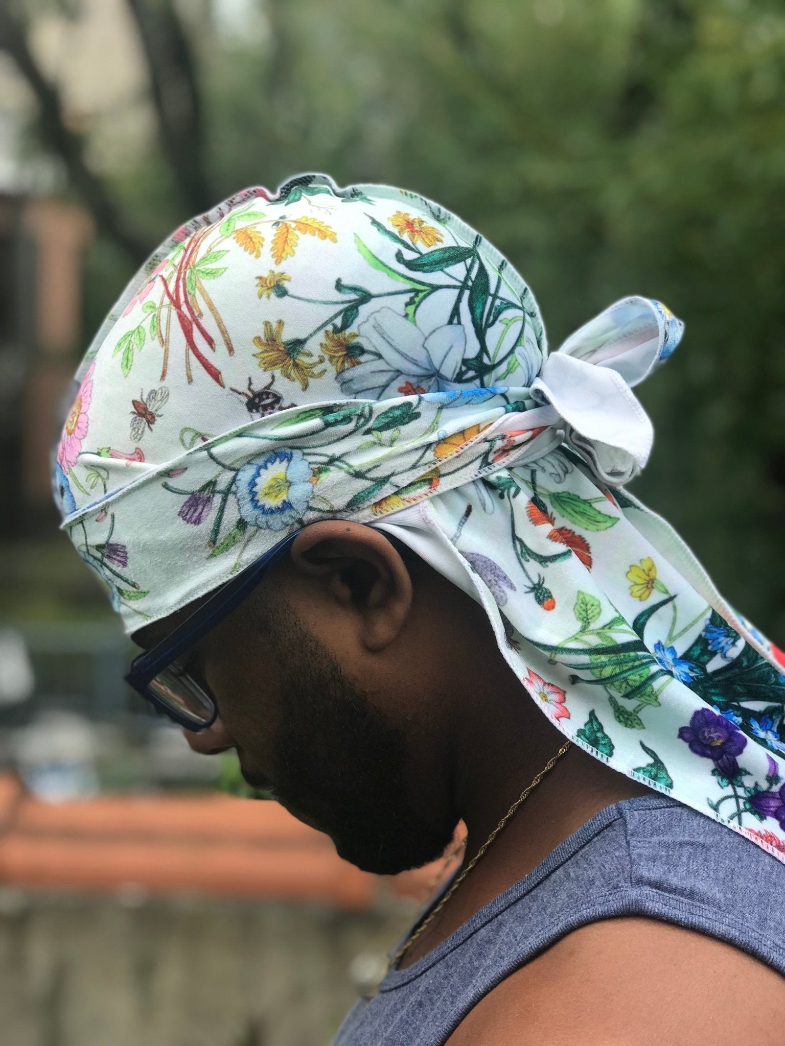 White Double R Floral Velvet Durag